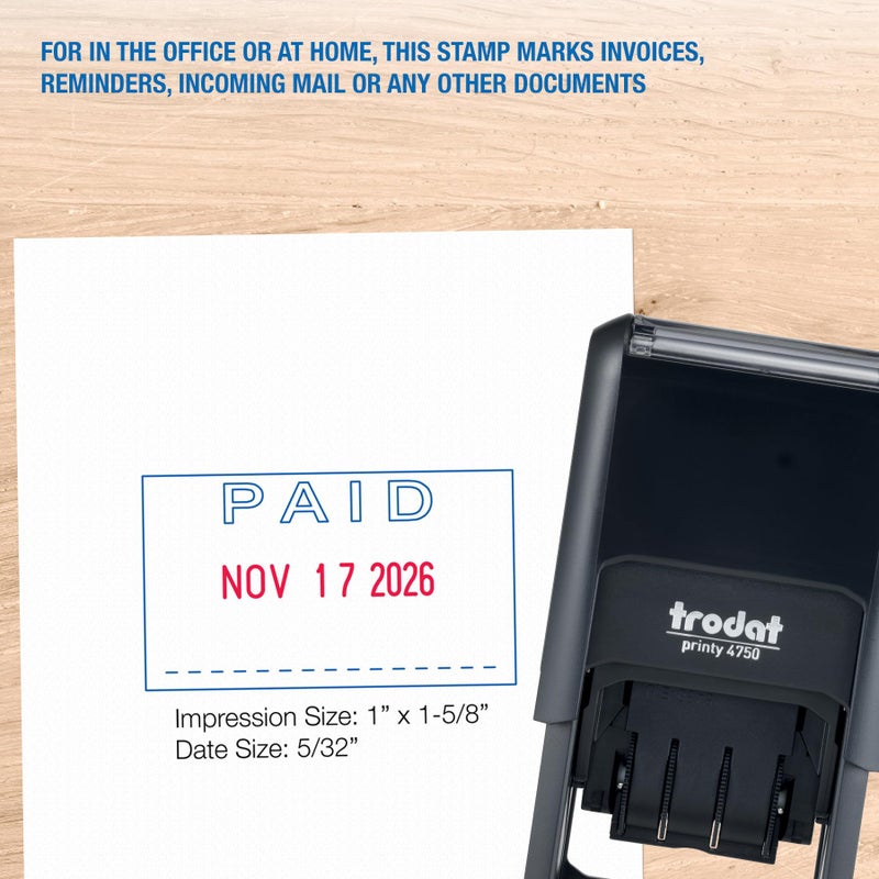 Trodat Printy 4750 Date Stamp with English Message Paid â€“ Self Inking, Red Ink Date and Blue Ink Text - Image 2